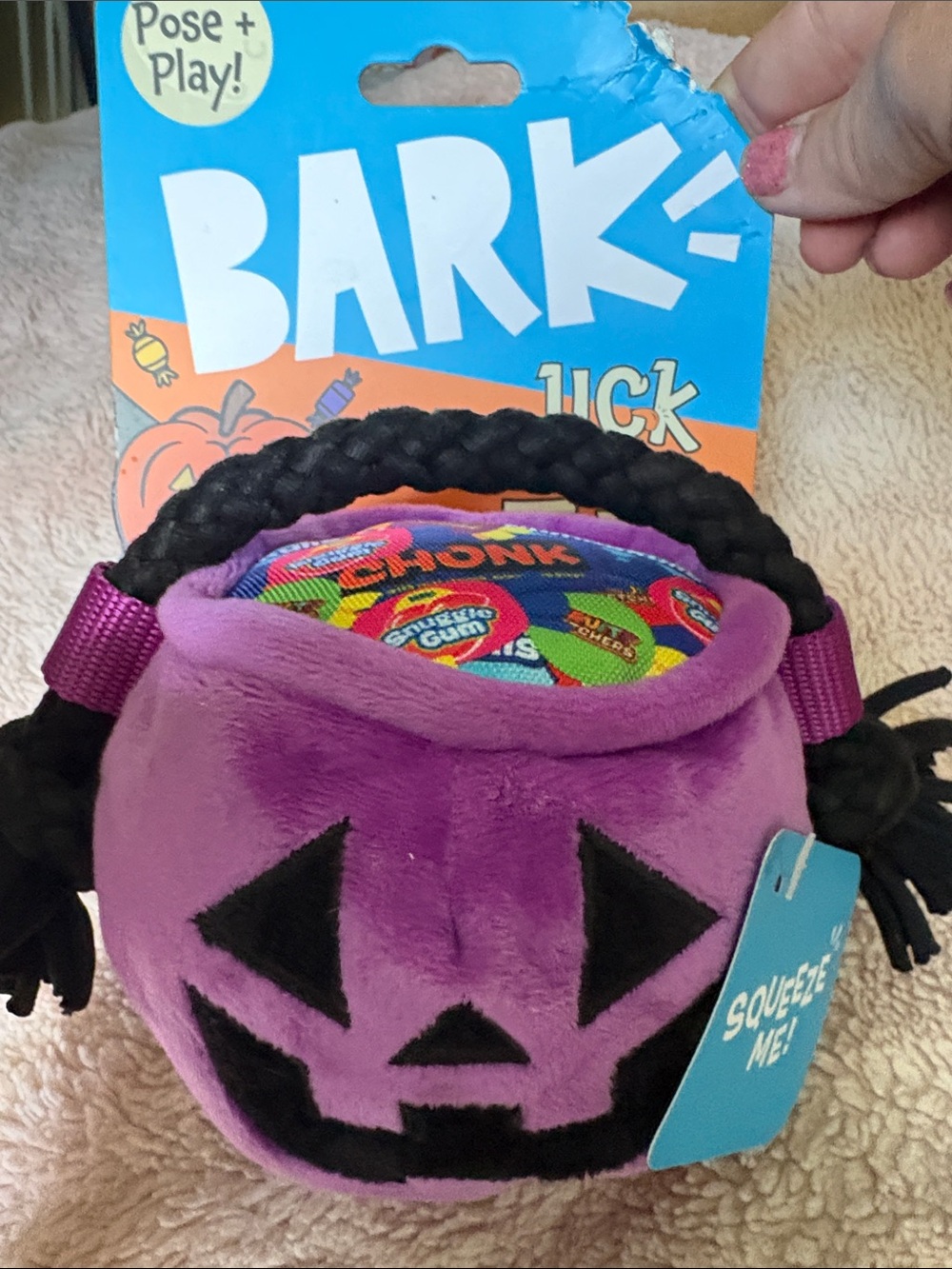 BARK Purple Plush Jack-O'-Lantern Squeaker Treat Bag with Black Handle